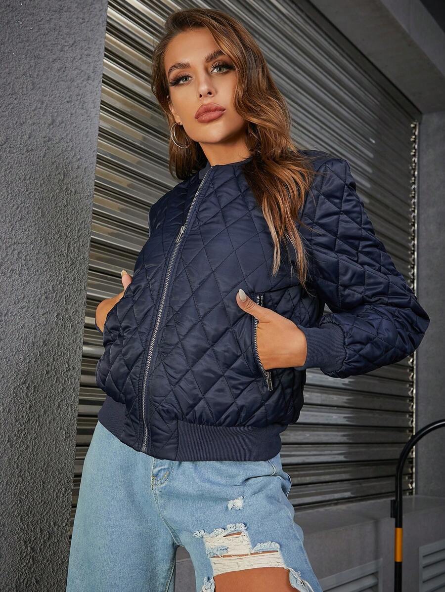 Narvik Diamond Quilted Zip Up Bomber Jacket - Navy Blue