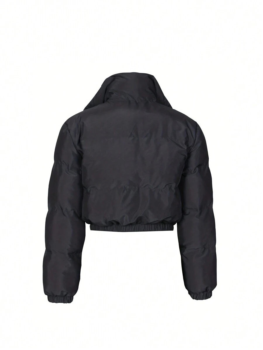 Allegra Cropped Puffer Jacket with Funnel Neck and Zip Front - Black