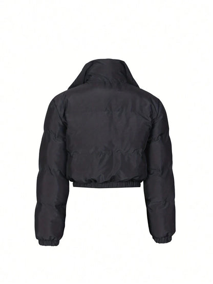 Allegra Cropped Puffer Jacket with Funnel Neck and Zip Front - Black