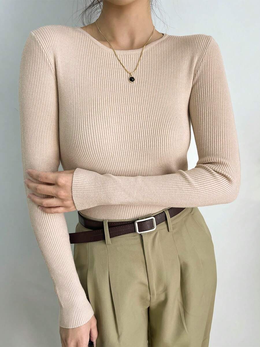 Krakow Ribbed Knit Crew Neck Fitted Pullover Sweater - Apricot