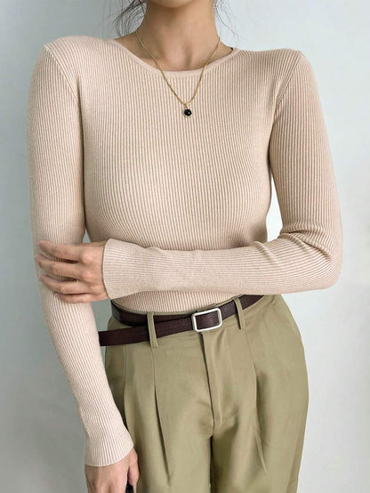 Krakow Ribbed Knit Crew Neck Fitted Pullover Sweater - Apricot