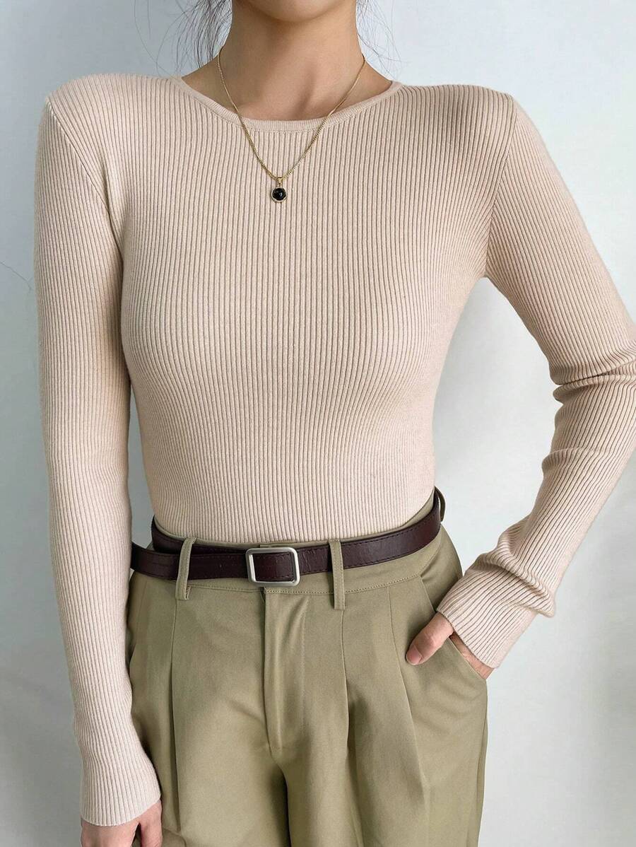 Krakow Ribbed Knit Crew Neck Fitted Pullover Sweater