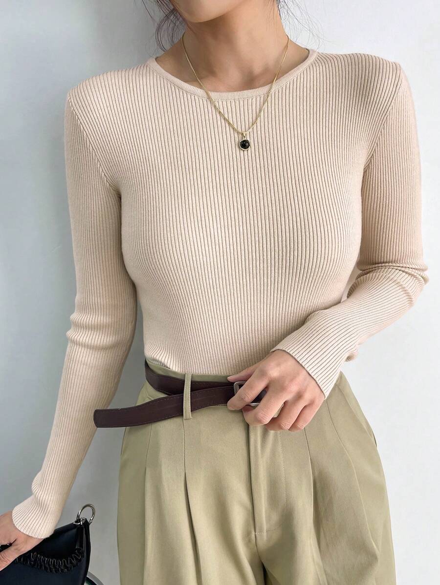 Krakow Ribbed Knit Crew Neck Fitted Pullover Sweater
