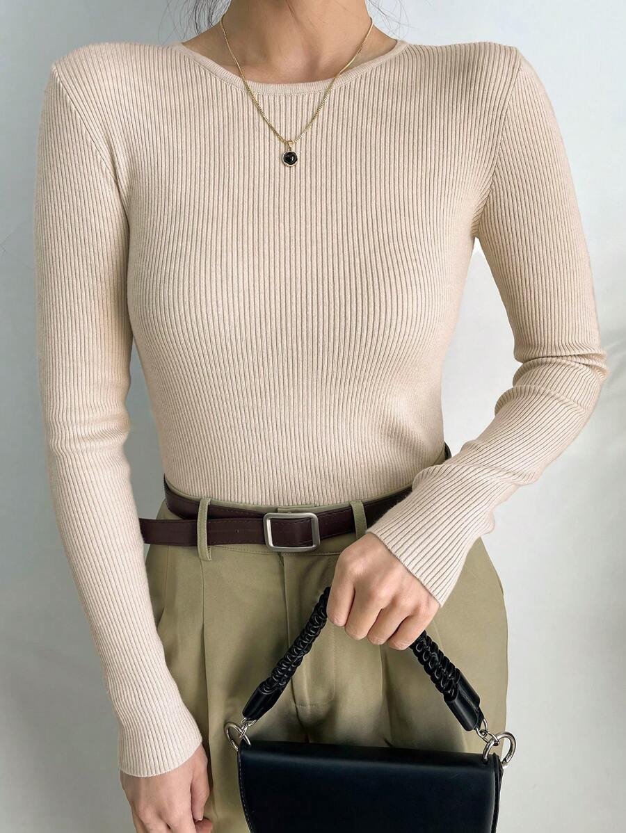 Krakow Ribbed Knit Crew Neck Fitted Pullover Sweater