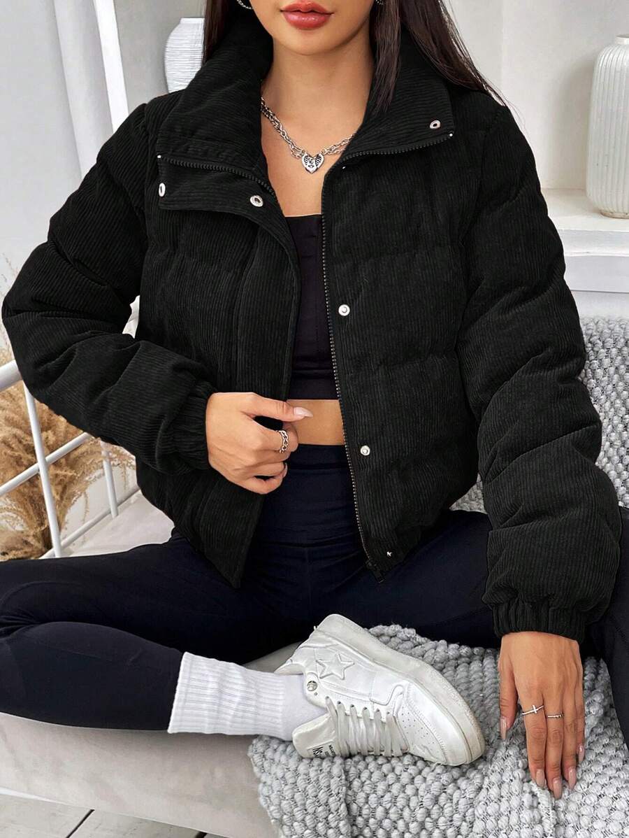 Glasgow Cropped Quilted Puffer Jacket with Funnel Neck - Black