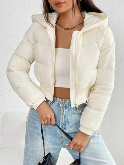 Annika Cropped Hooded Puffer Jacket with Zip Front - Cream