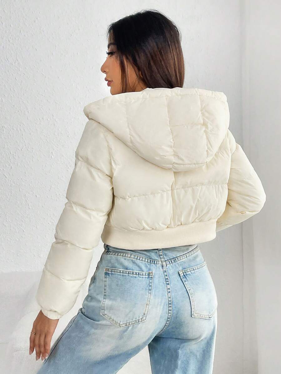 Annika Cropped Hooded Puffer Jacket with Zip Front - Cream