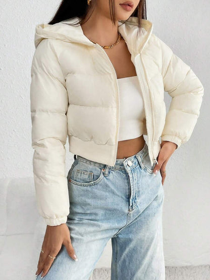 Annika Cropped Hooded Puffer Jacket with Zip Front - Cream