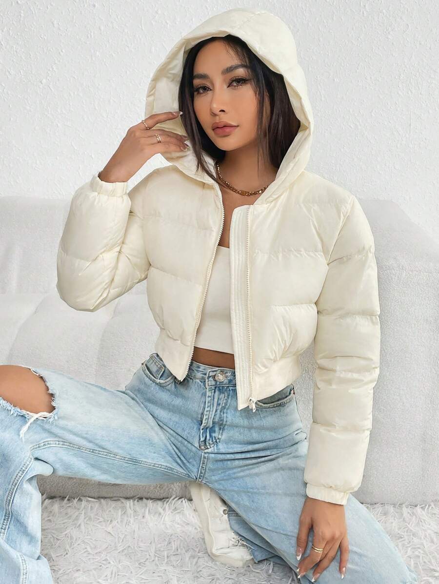 Annika Cropped Hooded Puffer Jacket with Zip Front - Cream