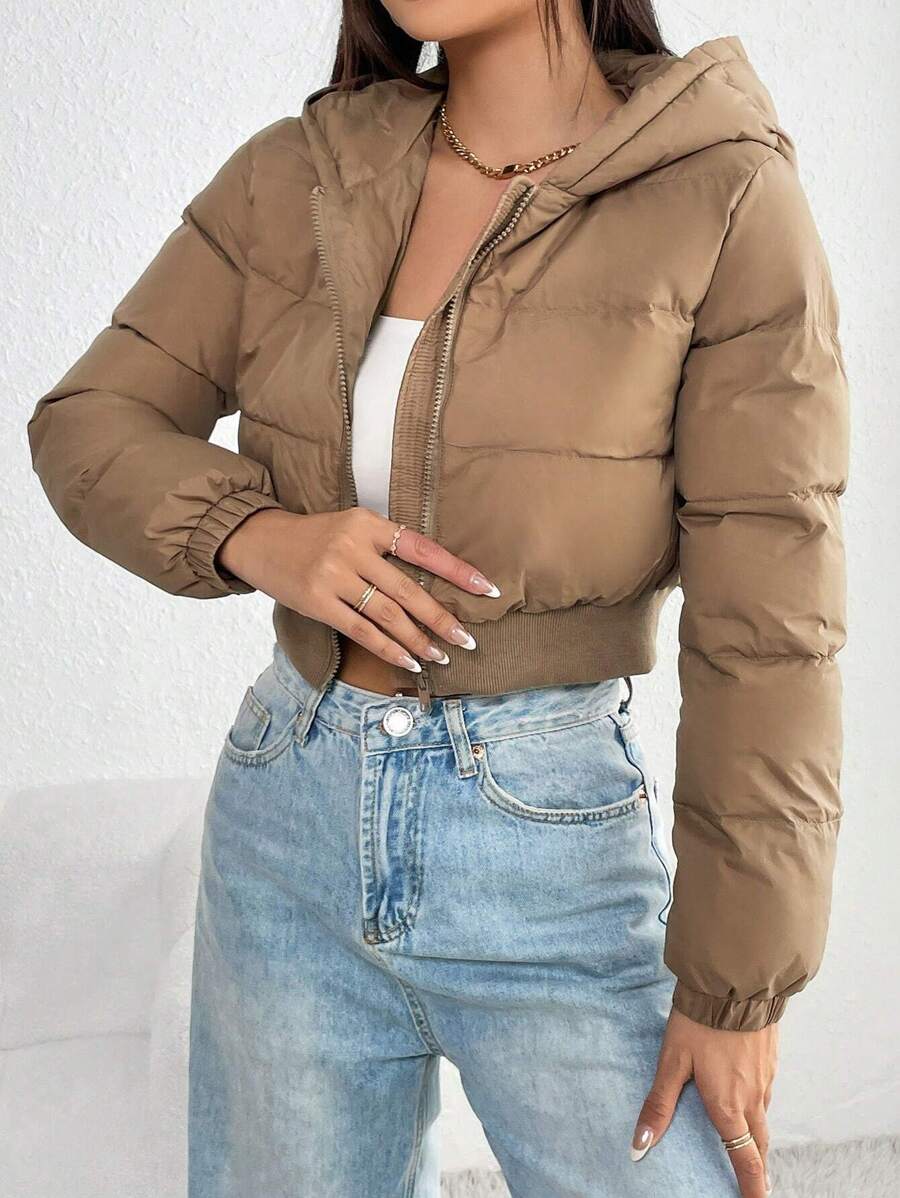 Annika Cropped Hooded Puffer Jacket with Zip Front - Camel