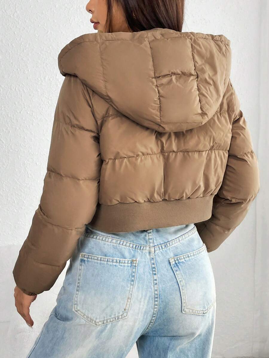 Annika Cropped Hooded Puffer Jacket with Zip Front - Camel