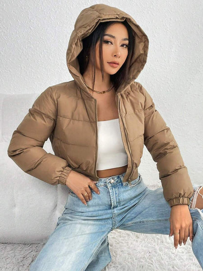 Annika Cropped Hooded Puffer Jacket with Zip Front - Camel