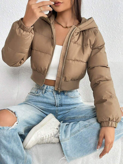 Annika Cropped Hooded Puffer Jacket with Zip Front - Camel