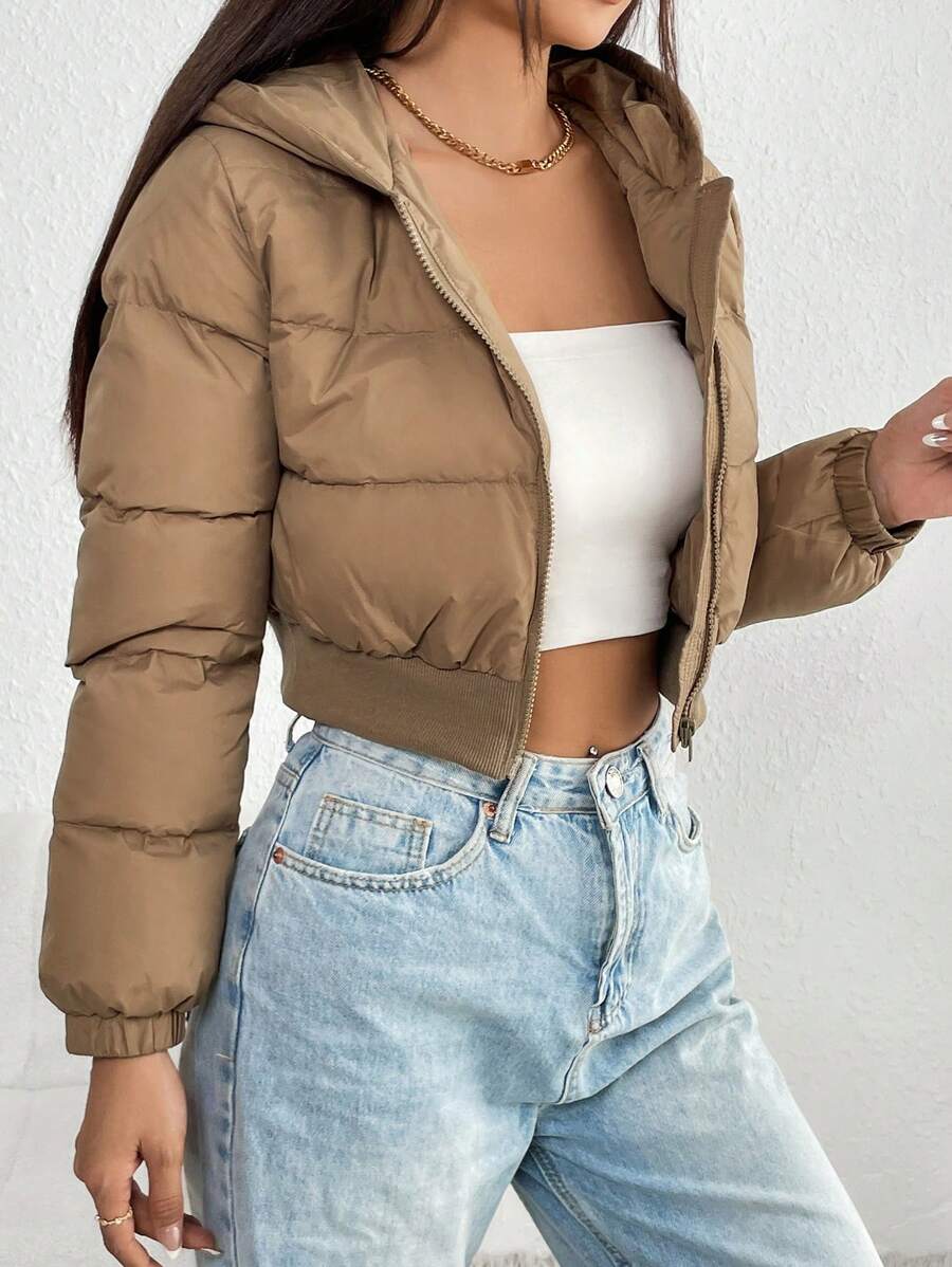 Annika Cropped Hooded Puffer Jacket with Zip Front - Camel
