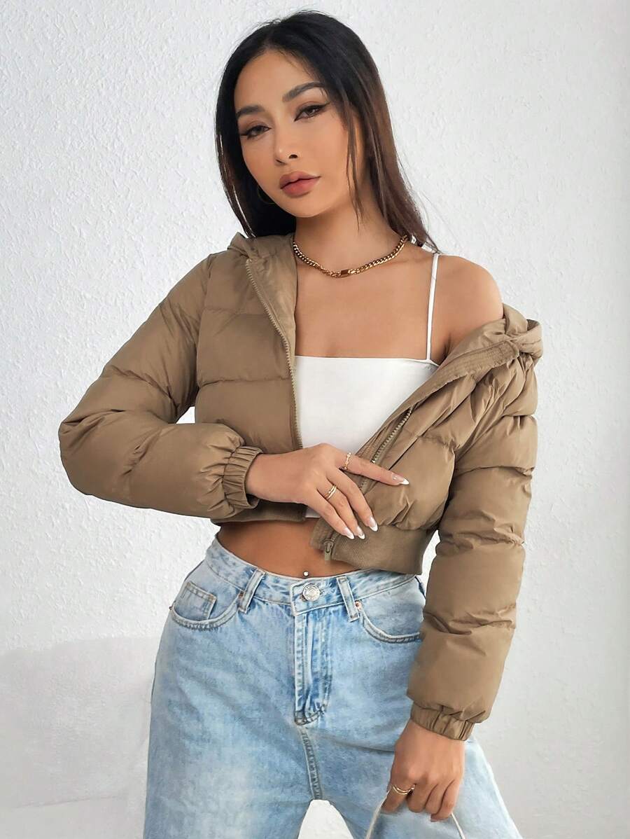 Annika Cropped Hooded Puffer Jacket with Zip Front - Camel