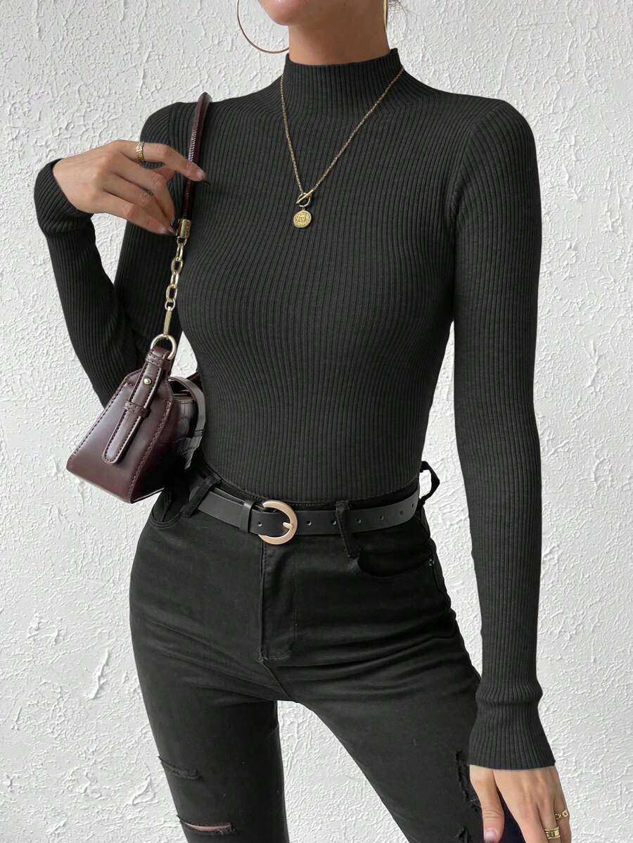 Verity Slim Ribbed Mock Neck Sweater Long Sleeve Pullover - Black