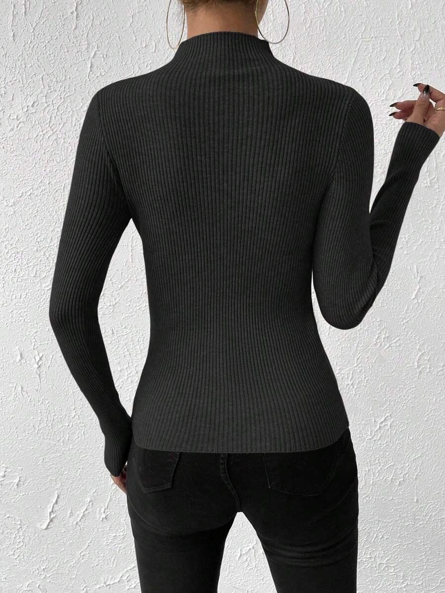 Verity Slim Ribbed Mock Neck Sweater Long Sleeve Pullover - Black
