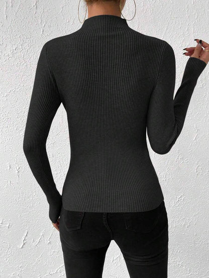 Verity Slim Ribbed Mock Neck Sweater Long Sleeve Pullover - Black