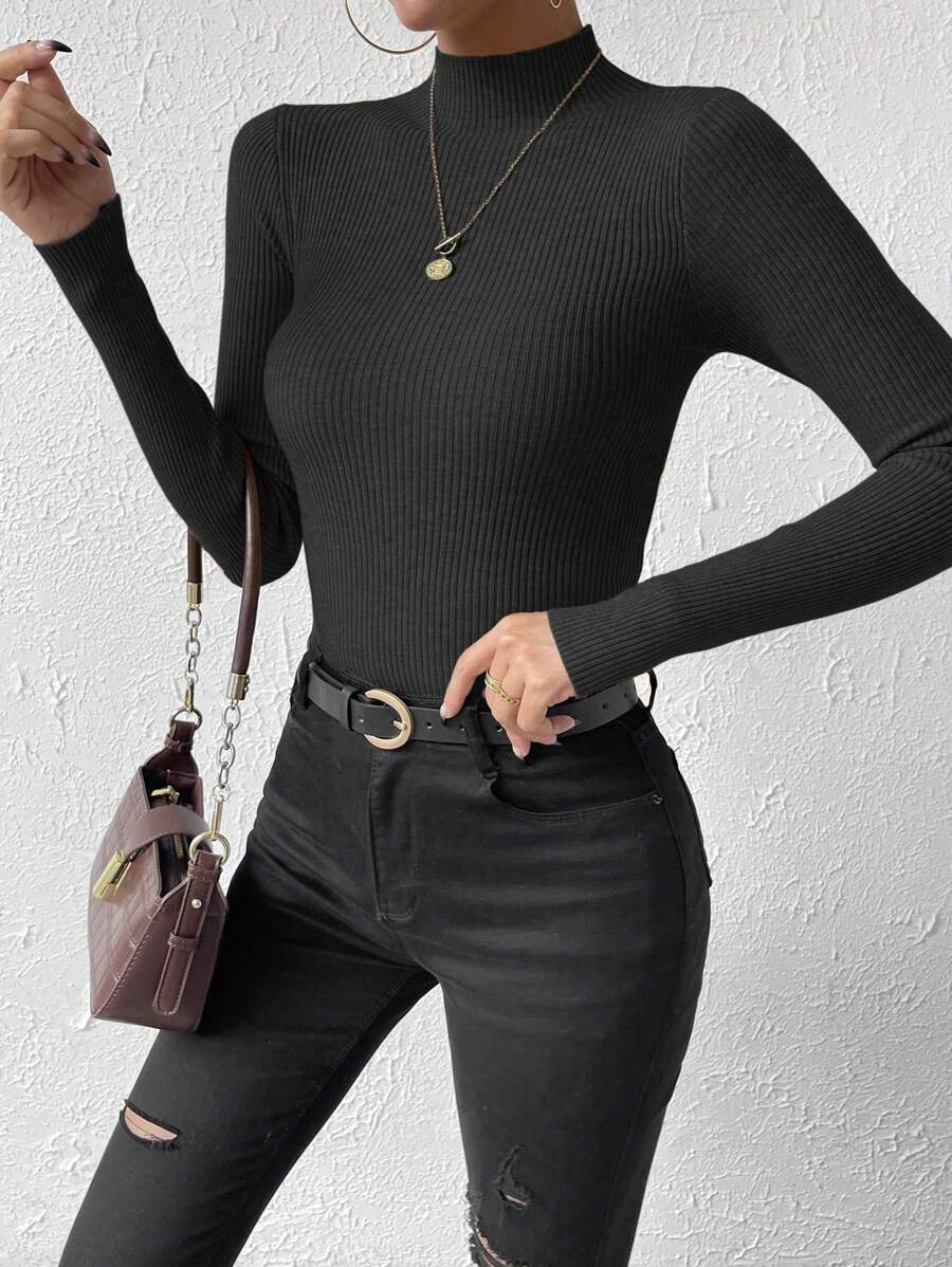 Verity Slim Ribbed Mock Neck Sweater Long Sleeve Pullover - Black