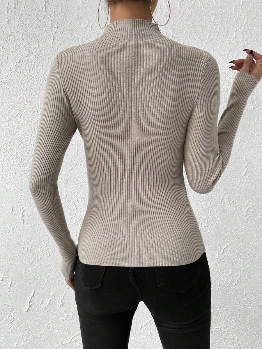 Verity Slim Ribbed Mock Neck Sweater Long Sleeve Pullover - Taupe