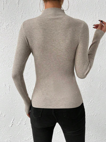 Verity Slim Ribbed Mock Neck Sweater Long Sleeve Pullover - Taupe