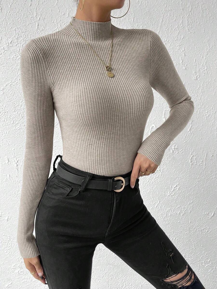 Verity Slim Ribbed Mock Neck Sweater Long Sleeve Pullover - Taupe