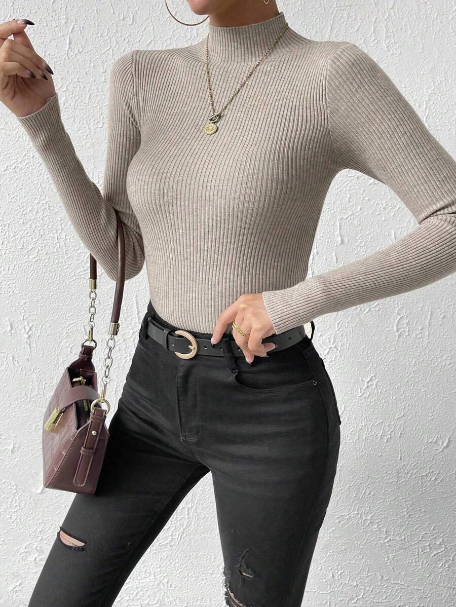 Verity Slim Ribbed Mock Neck Sweater Long Sleeve Pullover - Taupe