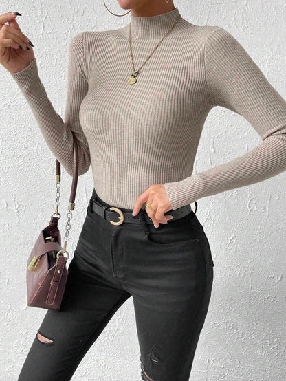 Verity Slim Ribbed Mock Neck Sweater Long Sleeve Pullover - Taupe