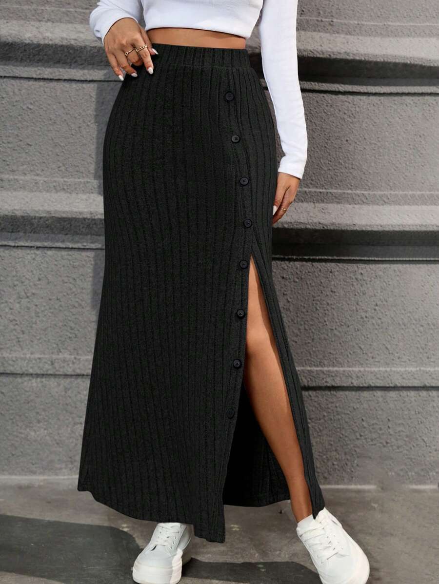 Honfleur High Waist Ribbed Knit Long Skirt with Split Hem