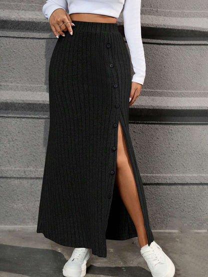 Honfleur High Waist Ribbed Knit Long Skirt with Split Hem