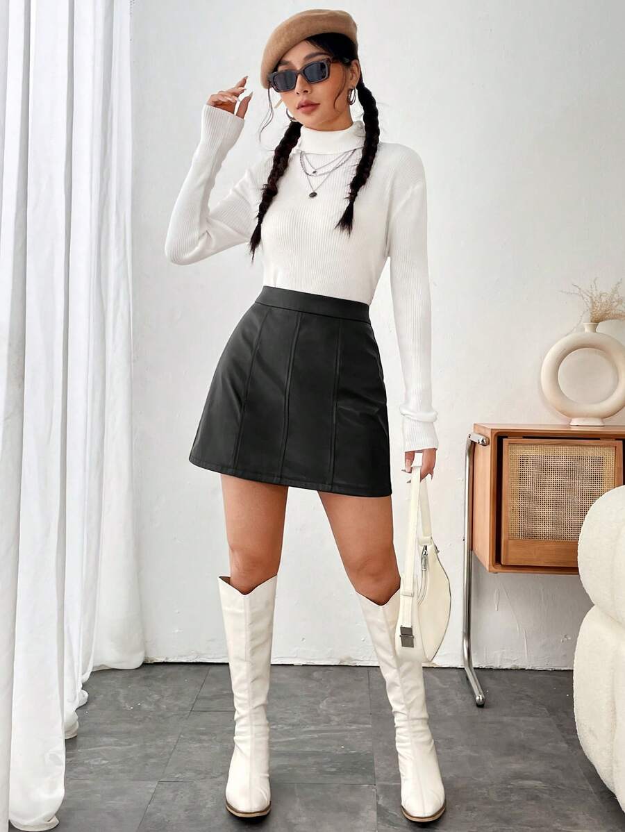 Ushuaia High Waist Faux Leather A Line Mini Skirt