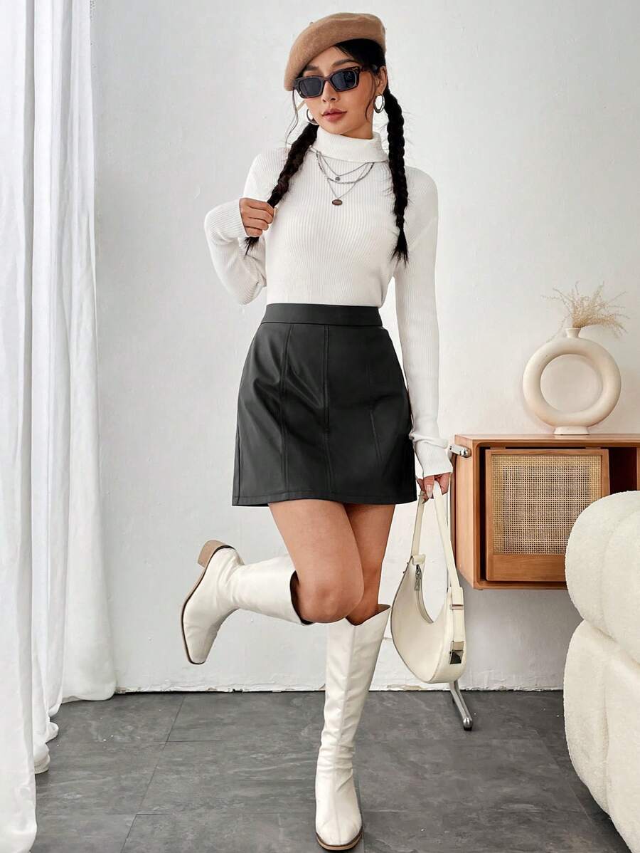 Ushuaia High Waist Faux Leather A Line Mini Skirt