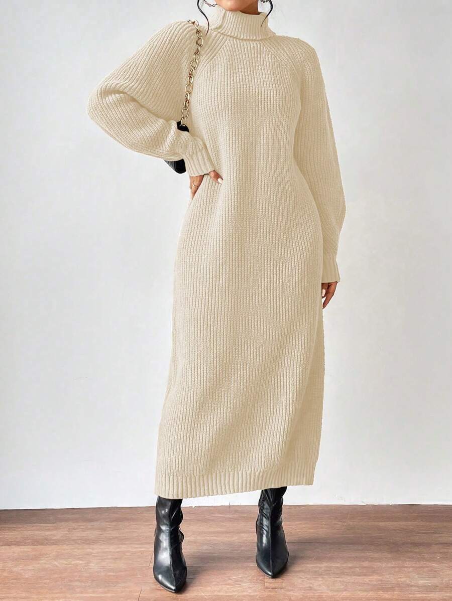 Anya High Neck Raglan Sleeve Sweater Dress - Beige