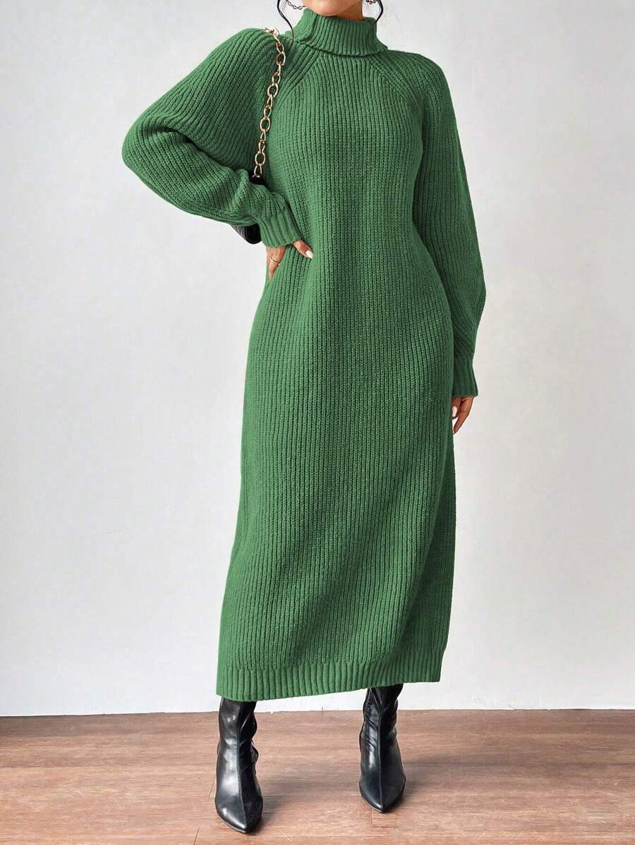 Anya High Neck Raglan Sleeve Sweater Dress - Green