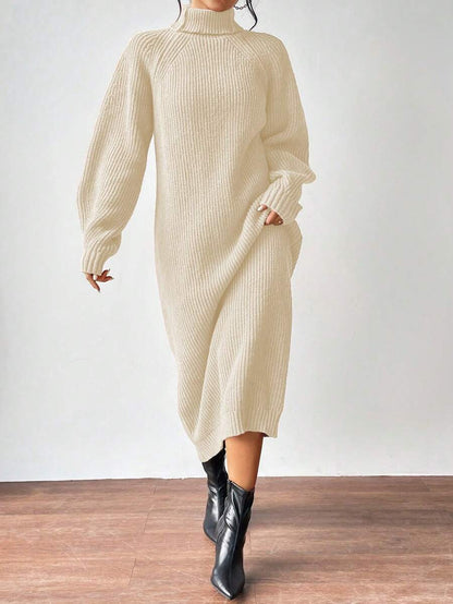 Anya High Neck Raglan Sleeve Sweater Dress - Camel