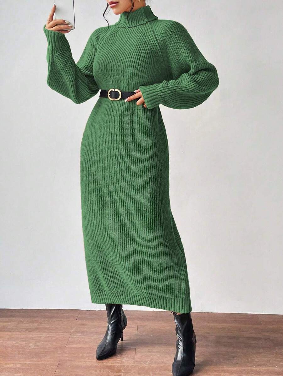 Anya High Neck Raglan Sleeve Sweater Dress - Army Green