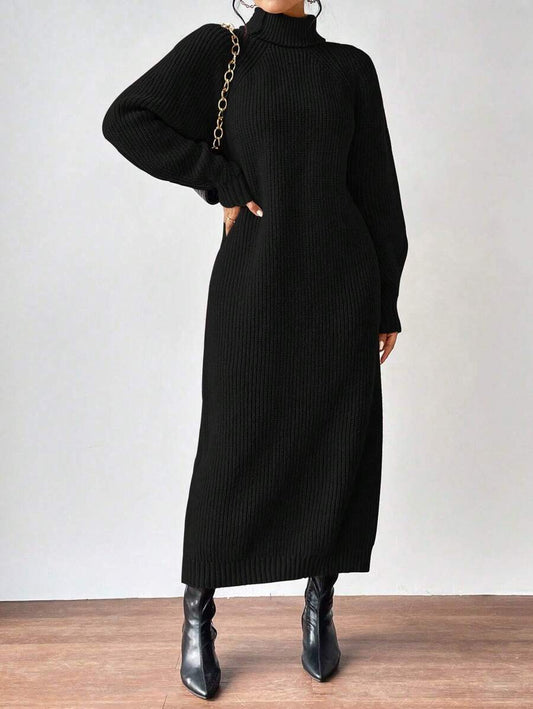 Anya High Neck Raglan Sleeve Sweater Dress - Army Green