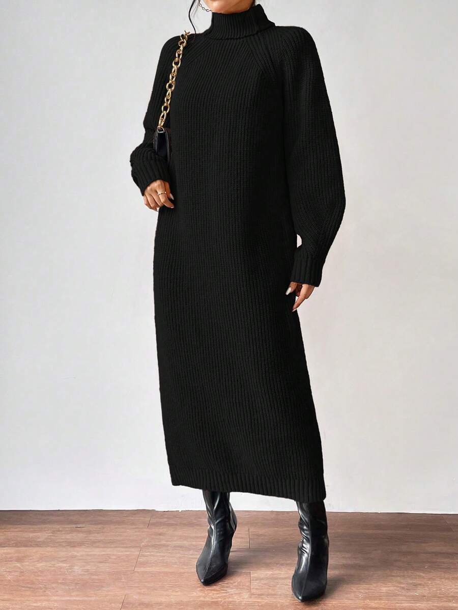 Anya High Neck Raglan Sleeve Sweater Dress - Brown