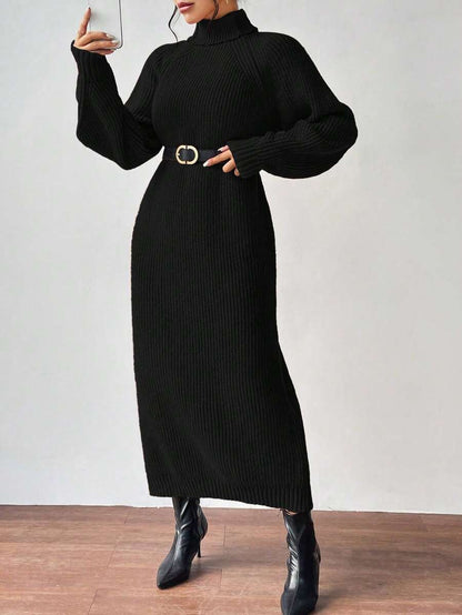 Anya High Neck Raglan Sleeve Sweater Dress - Green