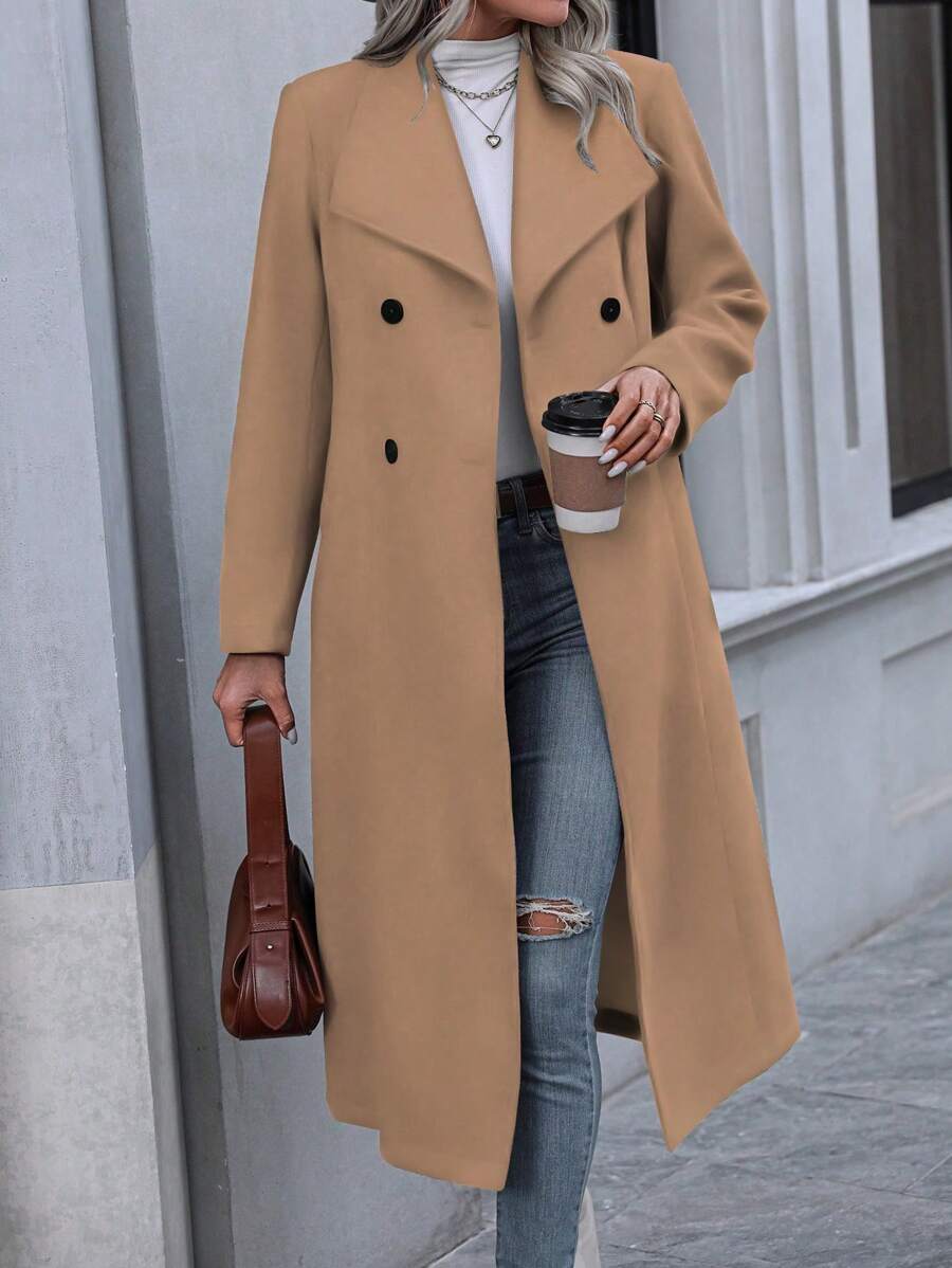 Graz Double Breasted Wool Look Long Overcoat - Camel