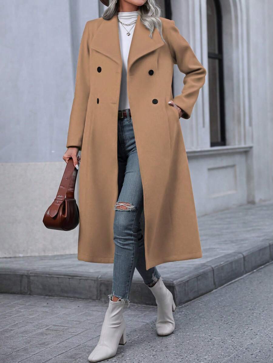 Graz Double Breasted Wool Look Long Overcoat