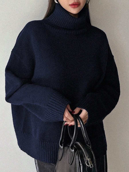 Lofoten Oversized Turtleneck Drop Shoulder Knit Sweater - Navy Blue