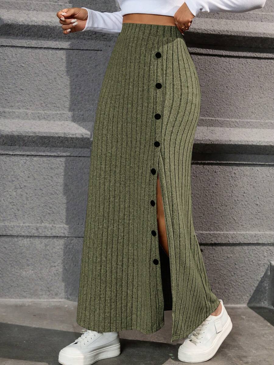 Honfleur High Waist Ribbed Knit Long Skirt with Split Hem - Army Green