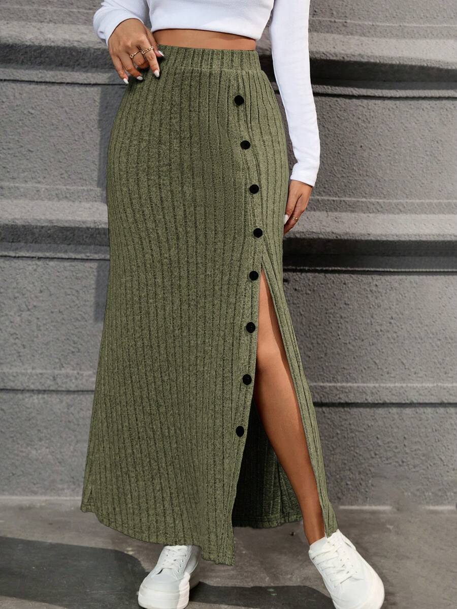 Honfleur High Waist Ribbed Knit Long Skirt with Split Hem