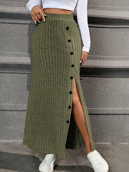 Honfleur High Waist Ribbed Knit Long Skirt with Split Hem