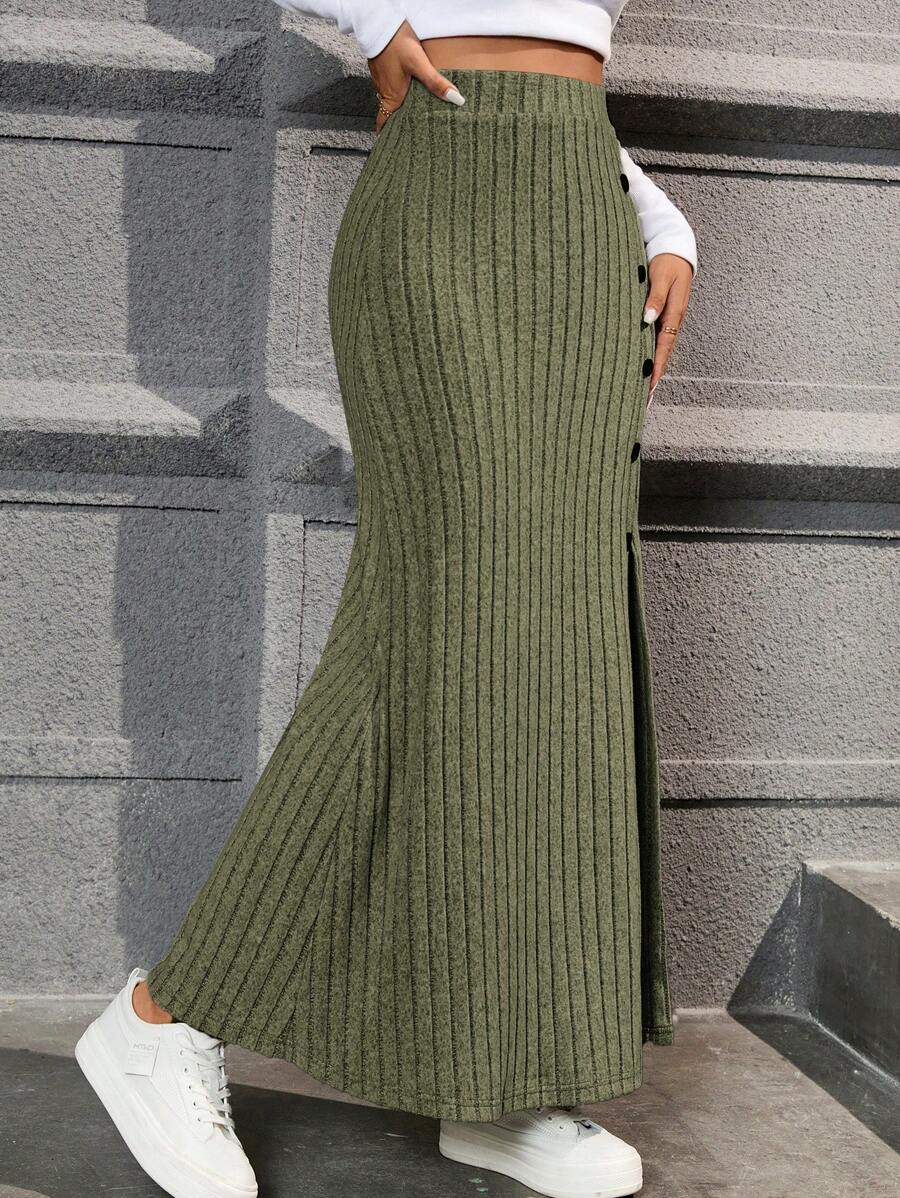 Honfleur High Waist Ribbed Knit Long Skirt with Split Hem