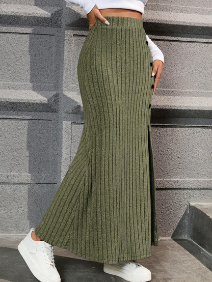 Honfleur High Waist Ribbed Knit Long Skirt with Split Hem