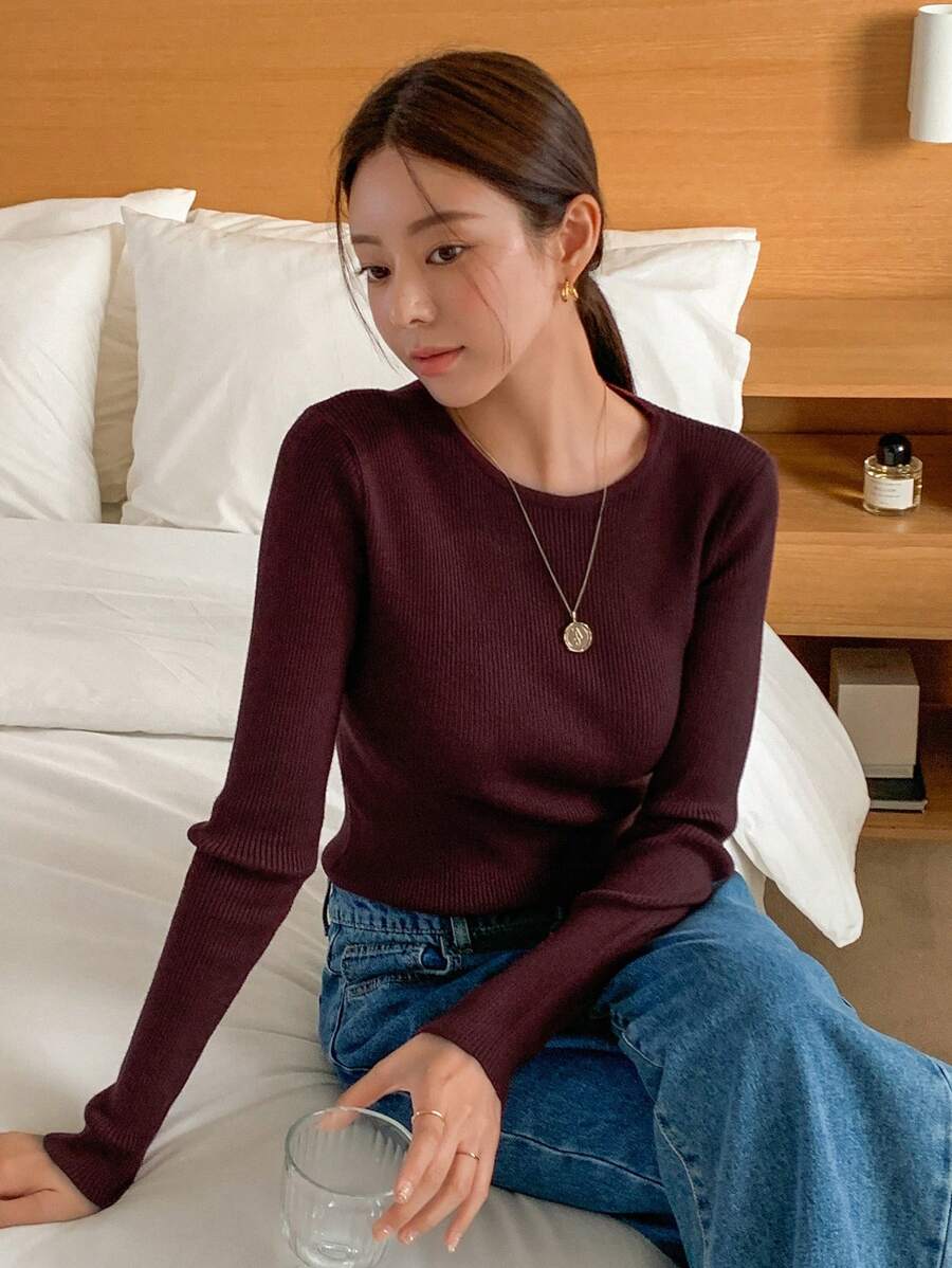 Krakow Ribbed Knit Crew Neck Fitted Pullover Sweater