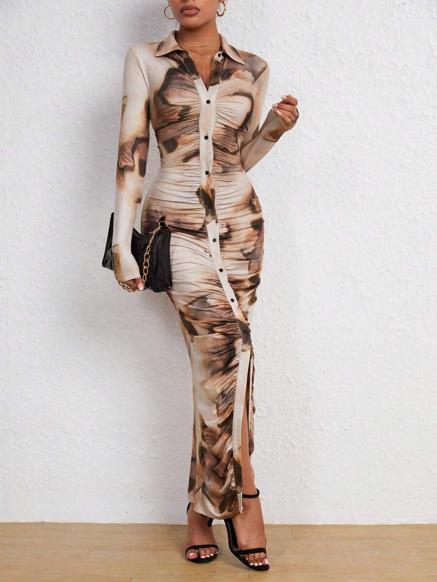 Marlow Tie Dye Ruched Button Front Bodycon Maxi Dress - Brown