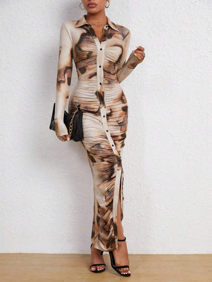 Marlow Tie Dye Ruched Button Front Bodycon Maxi Dress - Brown